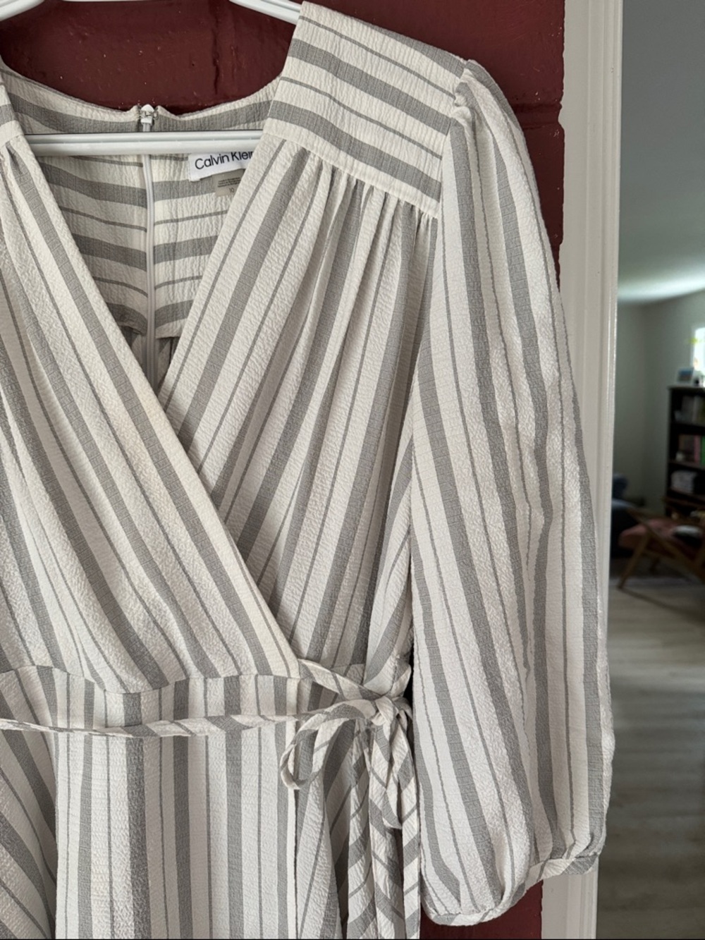Calvin Klein White and Gray Striped Wrap Midi Dress with Tie Waist - Picture 3 of 9